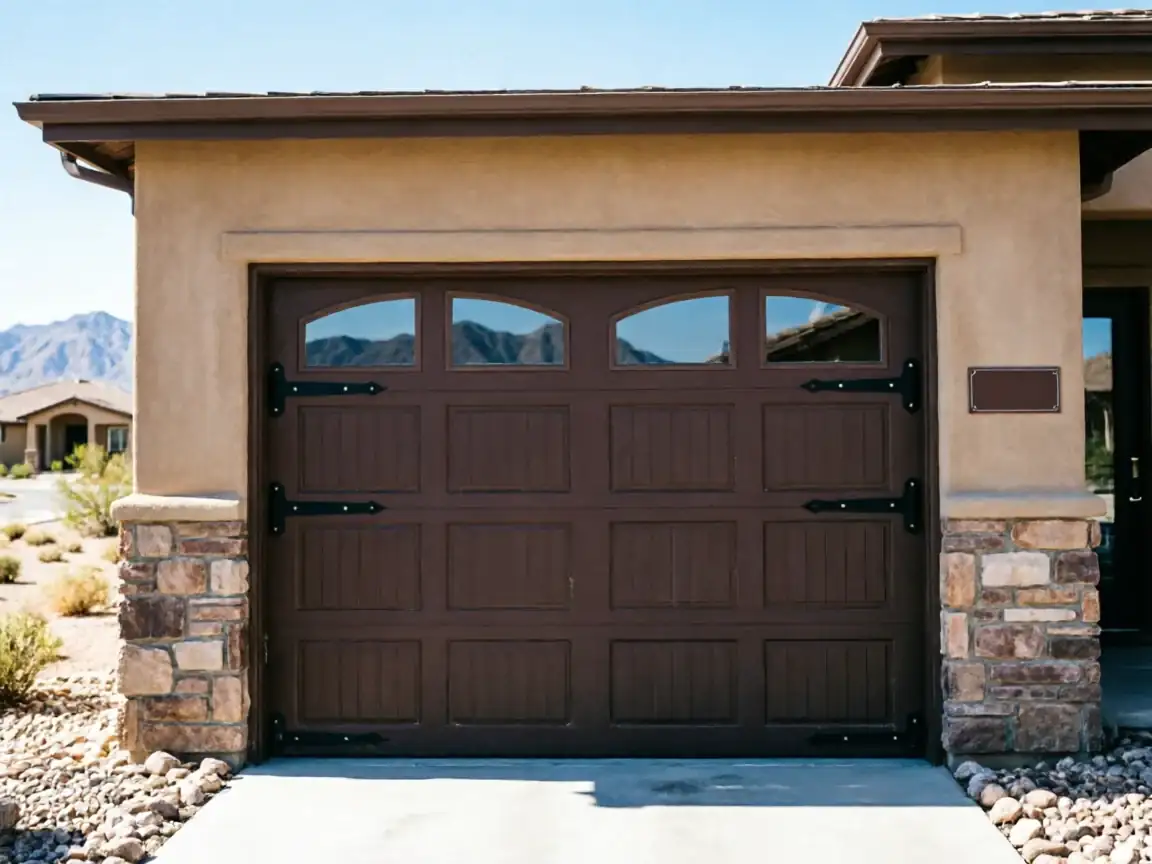 A brown garage door with decorative black hinges and arched windows on a stucco house.