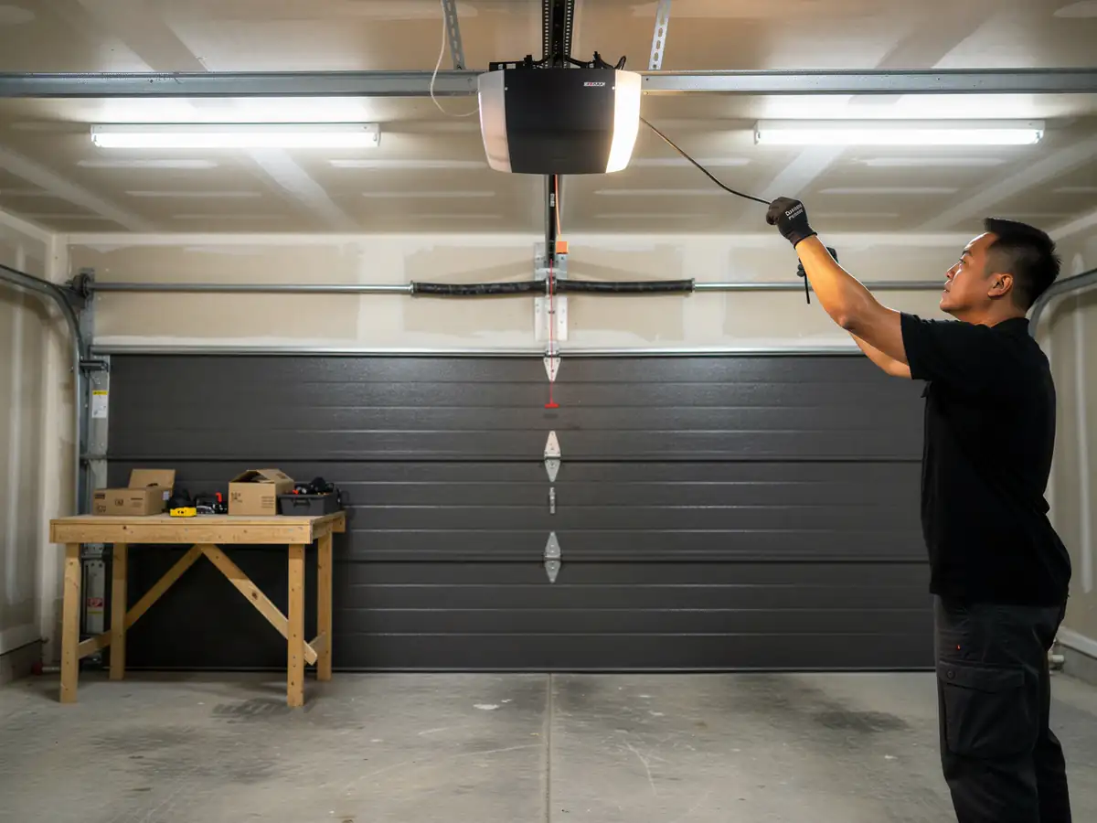 A technician works on a garage door opener above a closed gray garage door.